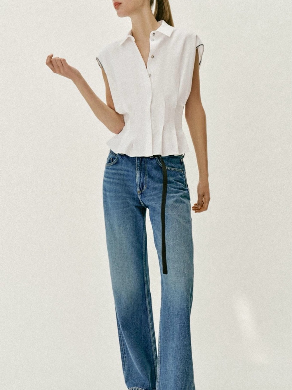Zara White Linen Sleeveless Button-Front Peplum Blouse